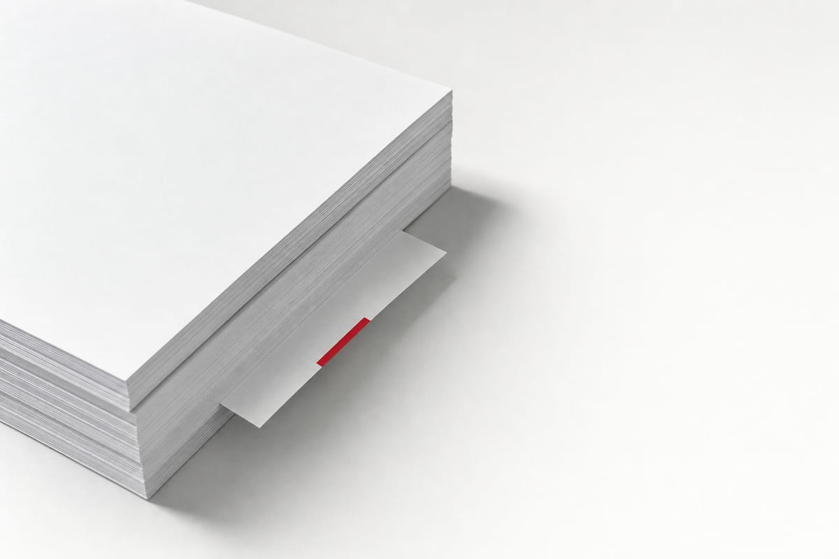 Weißer Stapel statistischer Einzelblätter, ein Blatt mit rotem Reiter herausgezogen