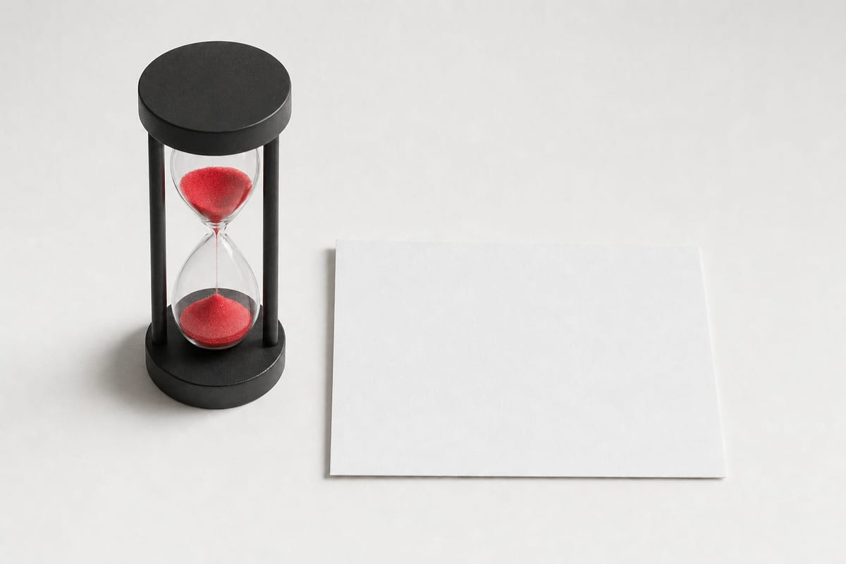 Schmale schwarze Sanduhr mit rotem Sand neben einer blanken weißen Karte