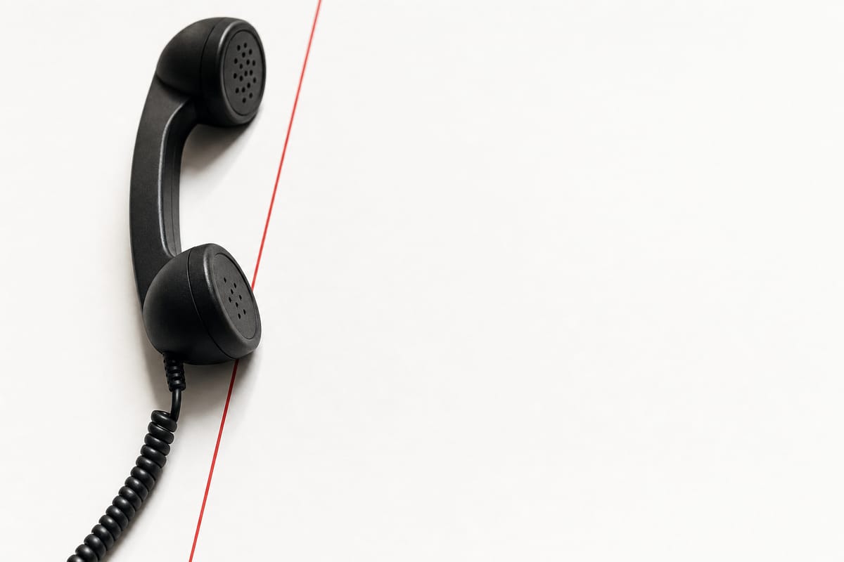 Schwarzer Telefonhörer allein auf einem weißen Schreibtisch, darunter eine dünne rote Linie