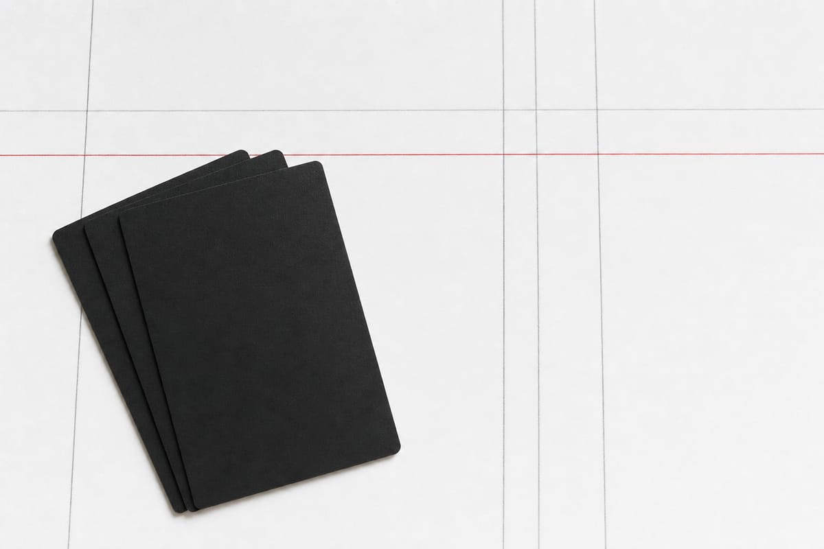 Drei blanke schwarze Karten ohne Aufdruck auf einem weißen Blatt mit roter Linie